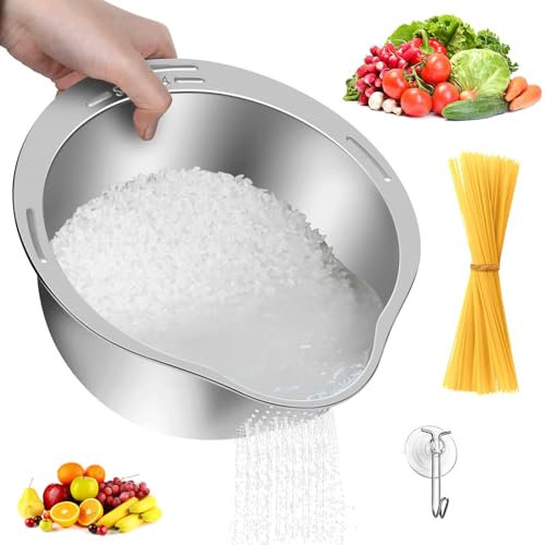 Stainless Steel Rice Strainer, Food Safe Pasta Strainer with Pouring Spout, Rice Washing Bowl, Strainer Stainless Steel Colander for Washing & Draining Quinoa, Fruit, Vegetables (1)