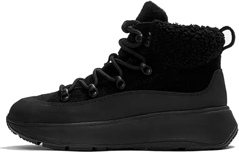 Fitflop Stivaletti da donna F-Mode con colletto a orsacchiotto, in pelle scamosciata, con lacci, tutto nero, taglia 38, Tutto nero, 38.5 EU
