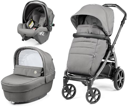 PEG Book Modular Passeggino Trio Neonati 0-4 Anni, Passeggino Reversibile, Navicella con Comfort System, Seggiolino Auto i-Size, Ruote Soft Ride, Materassino Fresco Jersey, Mercury