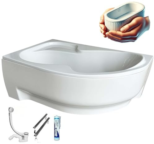 ECOLAM Wela - Vasca da bagno con isolamento, 170 x 100 cm, a sinistra, con isolamento termico, isolamento acustico, vasca angolare + rivestimento in acrilico, piedini in silicone