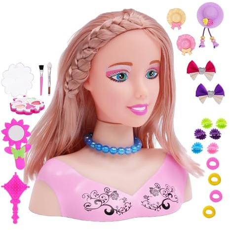 Eznaobo Kids Hairdressing Makeup Doll with 23pcs Accessories, Makeup & Hairstyling Head Doll Toy Set for 3-6+ Years Old Girls (Pink)