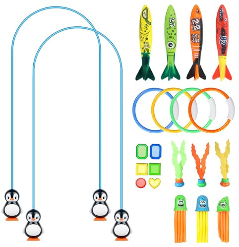 mizikuu 22 Stück Unterwasser Tauchspielzeug Set, Tauchen Spielzeug Pool Spielzeug Tauchringe Kinder Schwimmbad Wasserspielzeug Outdoor Algenspielzeug Edelsteinen Poolspielzeuge Poolparty Geschenk