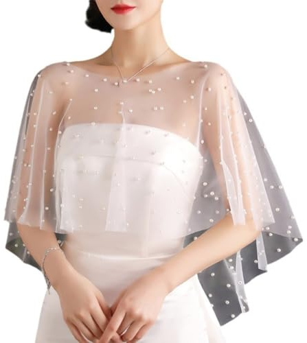 Cape de mariée blanche avec perles - Étole transparente - Élégante robe de soirée - Cape réglable - Boléro de mariée - Robe de cocktail festive pour mariage et fête, Blanc., taille unique