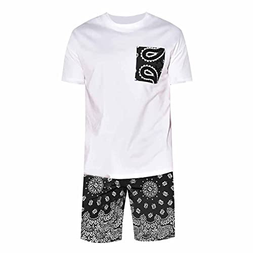 Herren Freizeitanzug Cashew Blumendruck Kurzarm Shorts Zwei Herren Chap Anzug, Schwarz , 3XL