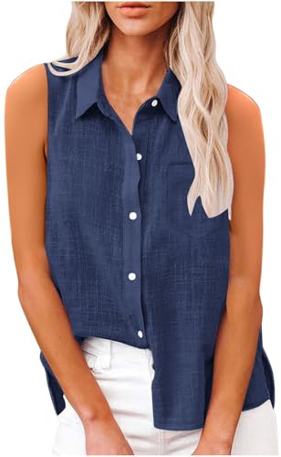 Linen Tops Women Solid Button Down Sleeveless Shirts Dressy Roll Up Tank Tops Summer Lapel Neck Elegant Vests Business Casual Office Work Loose Vests Casual Oversized Tank Tops S-XXL