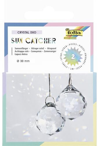folia 23839-Sun Catcher CRYSTAL DUO, 2 attrape-soleil en verre avec 8 m de fil métallique doré, cristaux Ø 3 cm à suspendre, 23839, Transparent/Gold