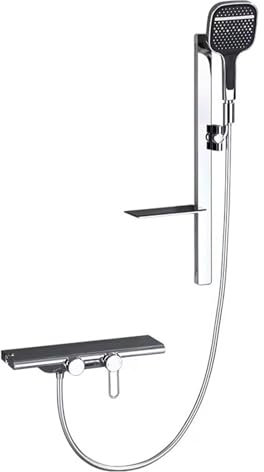 GLYYR Grifo De Bañera Cascada, Grifo Bañera en Pared con Ducha de Mano 3 Funciones, Grifo Mezclador Agua Fría y Caliente, con Barra Elevadora y Repisa
