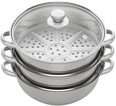 PUDLOR Vegetable Steamer Cooking, Stainless Steel Cooker Cooking 3 Tier Steamer Pan with Glass Lid 3 Steamers at the Bottom of the Poly Energy Venting Holes Overlapping Design for Seafood, Fish
