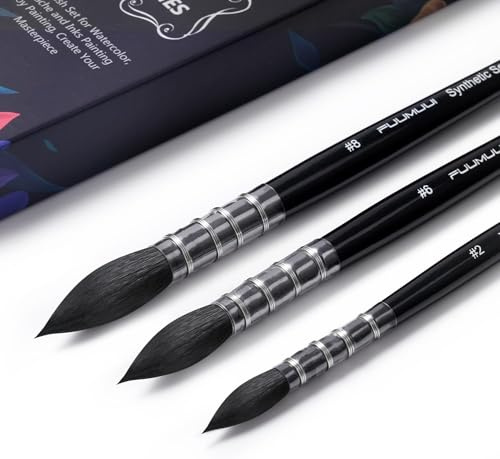 Fuumuui 3PCS Watercolor Brush Set –Premium Synthetic Squirrel Hair for Smooth Color Flow and Precision Control, Short Handles for Professional Artists - Water Color Painting