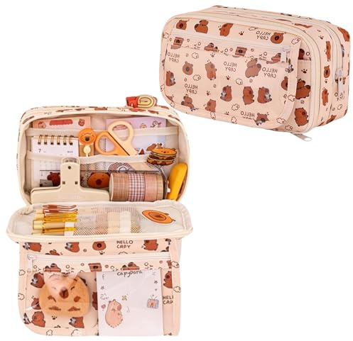 Plstod Federmäppchen mit 9 Fächern, große Kapazität – Beige Capybara Design, Stiftetasche Schlamperbox für Schule & Büro, ästhetisches Mäppchen für Teenager, Erwachsene, Geschenk