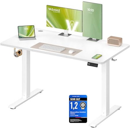 VASAGLE Höhenverstellbarer Schreibtisch, Stehtisch, Computertisch, Erinnerung bei langem Sitzen, Memory-Funktion mit 4 Höhen, für Büro, 120 x 60 cm, wolkenweiß LSD312WZ03