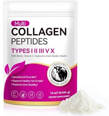 Multi Collagen Peptides Powder 454g, Type I,II，V, X for Healthy Skin, Bone, Joint, Hair, Nail|Hydrolyzed Collagen Peptides, Easy Digestion, Unflavored for Women & Men|41 Servings