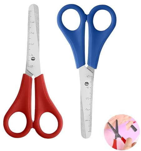 2 Pcs Blunt Tip Safety Scissors with Cm Scale, Plastic Handle, Stainless Steel Craft Scissors, Scissor for Crafts & School Projects (Red & Blue)