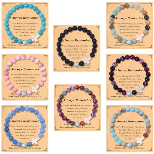 Giovanchi 8 Pcs Christian Gifts for Men Women Moonstone Cross Bracelets, Crystal Beaded Bracelets for Women Men, Easter Valentine's Day Religious Gifts for Him Her Friends Dad Mom