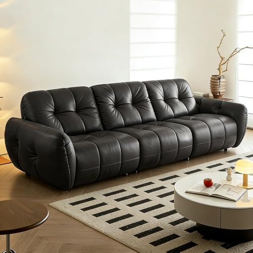 Medeltida fransk retro svart lädersoffa, massiv träram, rymlig och mjuk soffa, modern stor storlek, lämplig för vardagsrum/kontor/lägenhet.
