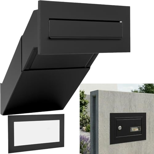 Cassetta delle lettere nera opaca RAL 9017 con telaio, cassetta delle lettere da incasso XXL, spessore della parete 260 – 420 mm, resistente alle intemperie, pannello frontale 305 x 135 mm, in lamiera