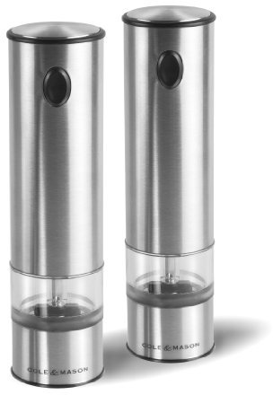 Cole & Mason Battersea Electric Salt and Pepper Mills, Adjustable Ceramic Grind Mechanism Stainless Steel/Acrylic, 210 mm, Gift Set, Includes 2 x Electric Salt and Pepper Grinders