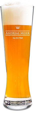 AMAVEL Verre à bière blanche, Personnalisé avec nom et date, Bière de froment, Weizenbecker, Motif Petite Couronne, env. 0,5 L