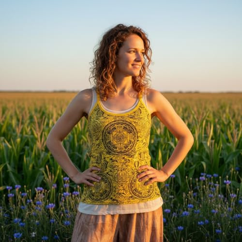 GURU SHOP Yoga Top Mandala, Boho StonewashTop, Goastyle Sommertop - Gelb, Damen, Baumwolle, Size:S/M