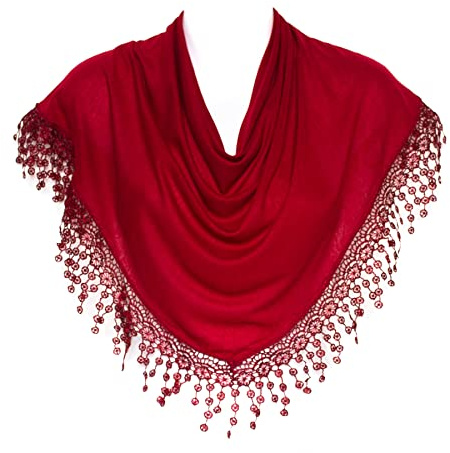 Hat To Socks Sciarpa Triangolare Donna - Elegante Stola con Frange in Pizzo Bobbin (Bordeaux)