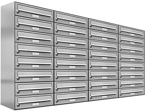 AL Briefkastensysteme 32er Briefkastenanlage Edelstahl, Premium Briefkasten DIN A4, 32 Fach Postkasten modern Aufputz