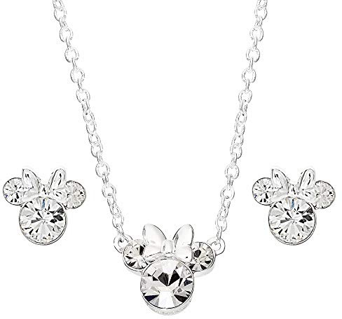 Disney Minnie Mouse Crystal Necklace and Stud Earrings and Set, Mickey's 90th Birthday Anniversary; Silver Plated Jewelry for Women