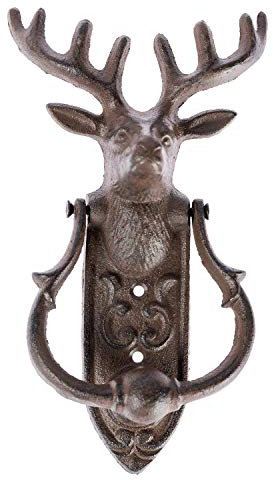 Homescapes rustikaler Türklopfer mit Hirschkopf im Antik-Look, Wandhalterung aus Gusseisen im Retro-Stil, braun