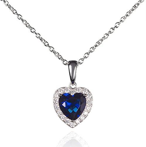 Namana Love Heart Necklace with Blue Heart Shaped Sapphire Stone and White Cubic Zirconia. Sterling Silver Necklace for Women with Gift Box