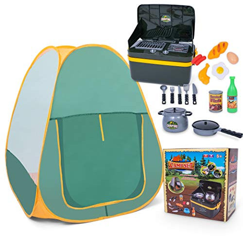 JoyKip Pop Up Camping Zelt für Kinder ab 3 Jahren, tragbares Spielzelt und Camping grillset mit Grillzubehör, Grill Spielzeug mit Licht und Sound
