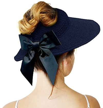 Straw Sun Summer Visor for Women, Female Wide Brim UPF 50+ UV Protection Topless Hat, Ladies Adjustable Roll UP Messy Bun Ponytail Cap, Foldable Packable Beach Travel Hat, Windproof Chin Strap, Navy