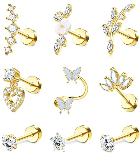 ADRAMATA 9 Pezzi 16G Piercing Orecchio per Donna Acciaio Chirurgico Orecchio Set Trago Cartilagine Helix Orecchini Piercing Farfalla Serpente Fiore Orecchio Piercing Gioielli Trago Helix Piercing
