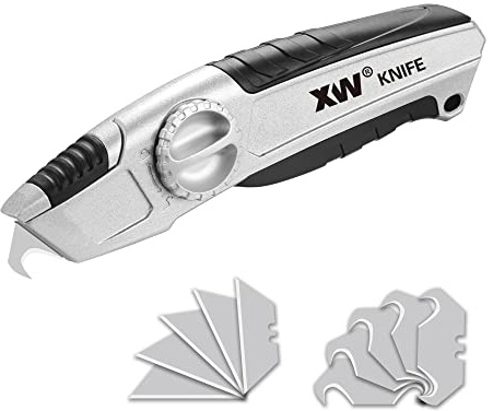 XW Fixed-blade Drywall Utility Knife, Non-retractable Heavy Duty Cutter with Roofing Hook Blade, Extra 10 Blades Included