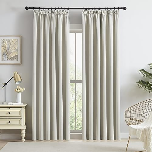 Beauoop Pencil Pleat Blackout Curtains for Living Room 90 inch Drop Beige Curtains for Bedroom Rod Pocket Light Blocking Thermal Insulated Drapes Window Treatment 2 Panels, W90 x L90