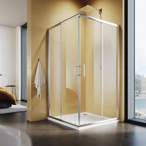 SUNXURY Cabina de ducha con entrada por la esquina 120x120cm Puerta doble corredera Mampara de ducha con puertas abatibles de 5mm de vidrio templado de seguridad color plateado Marco Altura 195cm