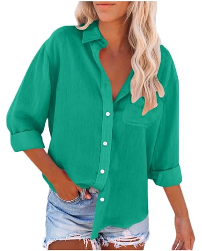 Camisa de Manga Larga Mujer Algodón y Lino Blusa Camiseta Verano Moda Color sólido Casual Cómodo Suelto Cuello en V Botones Tops Elegante T-Shirt Basic tee Talla Grande Oficina Ligero 2024