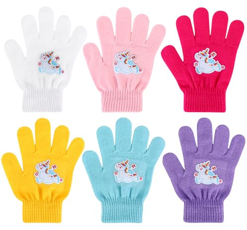 QKURT 6 Pairs Kids Gloves Age 5-12, Winter Warm Magic Gloves, Girls Colorful Full Finger Gloves Soft Thermal Mittens with Novel Unicorn Pattern for Walking Cycling