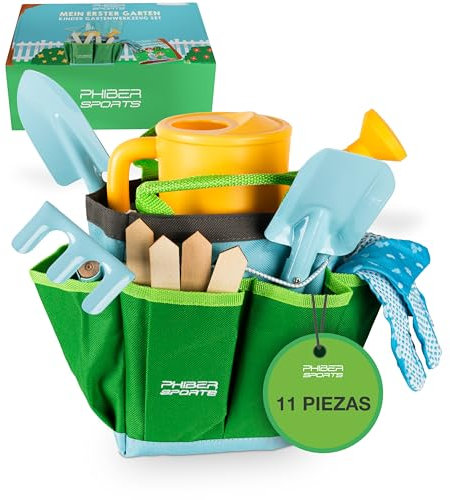 PHIBER-SPORTS Kinder Gartenwerkzeug Set (11 Teile) mit Kindergartenbuch - Gartengeräte für Kinder ab 3 Jahre, auch für Sand und Strand - Garten Werkzeug aus Metall, Gießkanne, Gartenhandschuhe, Tasche