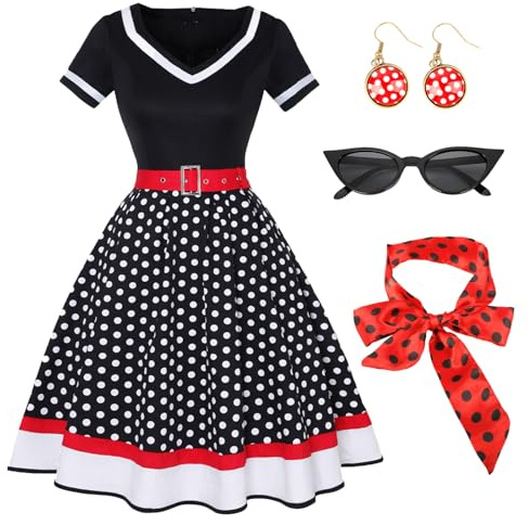 Tutukyle 50's Vintage Rockabilly Robes Femme Manches Courtes Col V Polka Dot Swing Robe Coctail avec Lunettes Polka Dot Bandeau Boucles d'oreilles Robe de Fête A-Line Robe de Bal Rétro Carnaval Fête