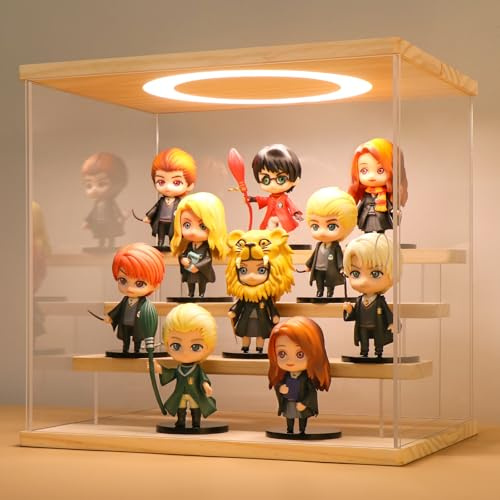Huijintao Vitrine Acrylique, Vitrine pour Collection, Vitrine Figurine, Vitrine en Verre pour modèles, Figurines, Objets de Collection, avec éclairage LED, 4 étages, Couleur du Bois (30x22,5x28 cm)