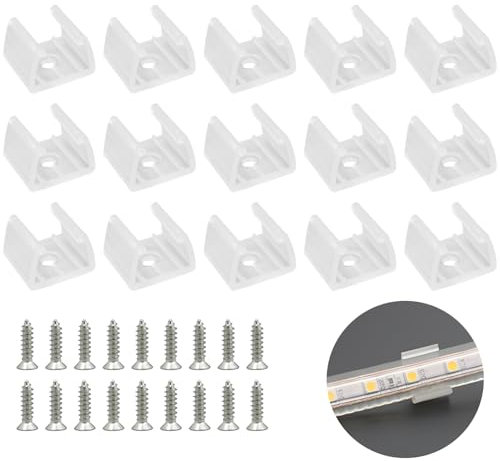 50 Pièces Fixation Ruban LED, LED Néon Montage Clips Support Montage, Inclure Vis pour 12mm à 14mm Silicone LED Néon Bande Lumineuse, Translucide, Blanc