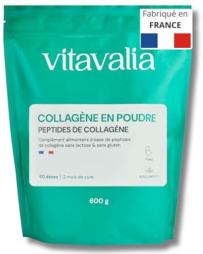VITAVALIA - Collagène en Poudre 600g - 2 Mois - Peptides de Collagène Bovin - Peau, Articulations, Cheveux & Ongles - Hydrolysé, Assimilation Rapide - Sans Goût - Fabriqué en France