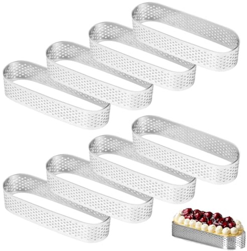 AWAOVV 8 Pcs Oval Tartlet Molds, Stainless Steel Perforated Cake Ring, Crumpet Tartlet Rings, Quiche Rings, DIY Baking Muffin Rings, French Dessert Mousse Fruit Pie Tart Ring