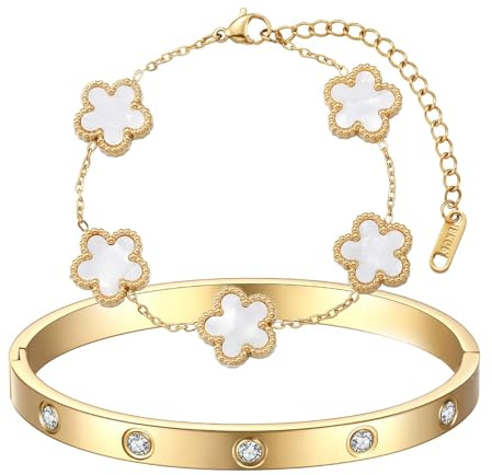 LIUYIDM 18K förgyllt klöverarmband gyllene fembladig klöversmycken armband guld eleganta tillbehör armband, lyckosymbol presenter till vardagen, födelsedagar, bröllop, X-Large, Rostfritt stål