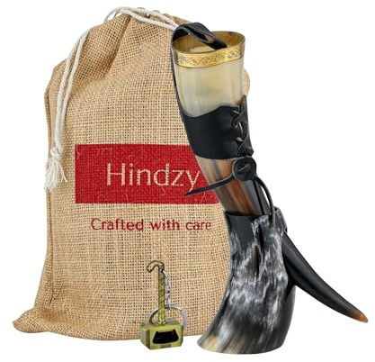 HINDZY Viking Drinking Horn with Stand – 16oz Handcrafted Ox Horn Mead Cup with Rim, Leather Holster & Thor bottle opener | Medieval Norse Style Drinking Mug for Ale, Beer, Wine & Collectible Décor