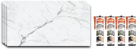 IZODEKOR – SPC Wandpaneel Marmoroptik Weiß 60x120cm – 4 Stück + 4 Kleber – Küchenrückwand, Wasserfest, Hitzebeständig Spritzschutz – PVC Wandverkleidung für Küche & Bad - Carrara Marmor