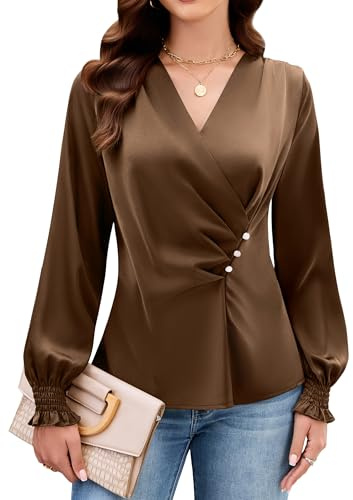 Blooming Jelly Womens Business Casual Tops Dressy Long Sleeve Blouses Satin Silk Work Shirt Fall Outfits 2026(Deep Coffee,Large)