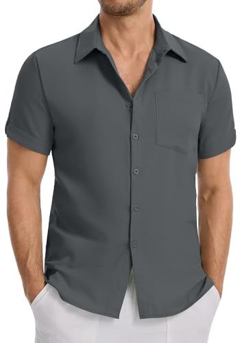 LVCBL Chemise Homme Manches Courtes Été Légère Chemises Regular Fit Plage Loisirs Chemise d'Été avec Poches Gris Foncé 2XL