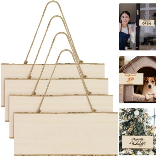FTISSLY Pack de 4 Cartel Madera Colgante de Boj Macizo 25x10x1cm Letreros de Madera sin Terminar Placas para Manualidades Pirograbado y Grabar a Láser para Bodas, Jardines y Decoración Navidad