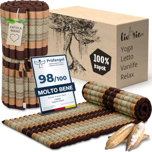 livasia tappetino materasso arrotolabile M stretto letto singolo - 200x75x4,5cm - letto per ospiti materasso ospite 1 persona, lettino da viaggio, tappetino thai kapok fatto a mano (Marrone)