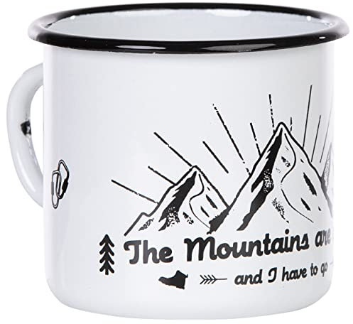 MUGSY - DAS TASSENWERK Tasse émail MOUNTAINS ARE CALLING avec outdoor, montagne design, pour camping et trekking